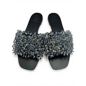 NEW Tory Burch Crystal Embellished Crystal Slide Sandals Navy Black Leather 6M